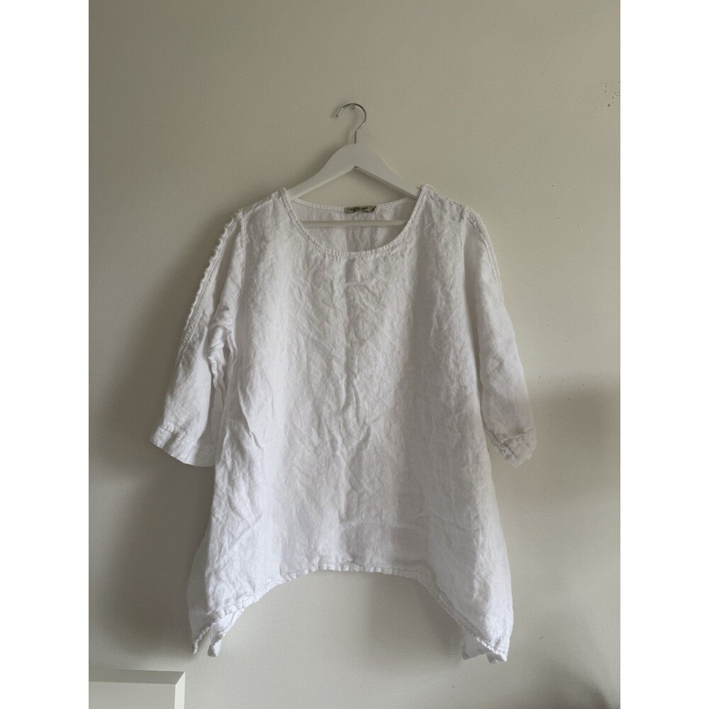 ✿Valentina Naldi White Linen Tunic Top Crochet Trim Made Italy 2X Boho Chic Fit
